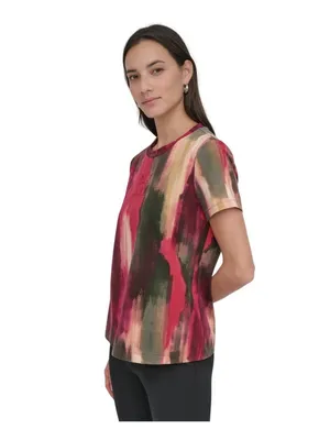 NWT DKNY Print Logo Embossed T-Shirt P5EHXWNA June Brush Stroke Red Multi S thumbnail 3