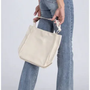 Simple Trendy Cream Vegan Leather Shoulder Bag Rivet Snap Closure‎ Minimalist thumbnail 3