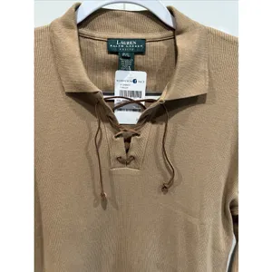 Vintage 90s Y2K Lauren Ralph Lauren Ribbed Polo Shirt Lace Up Camel Tan Heritage thumbnail 2