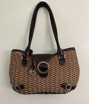 Brighton Woven‎ W/Black Leather Trim Purse Braided Handles Heart Charm thumbnail 1