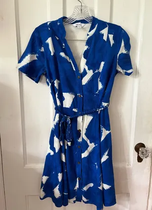Nine West Blue and White Button-Front Midi Dress thumbnail 1