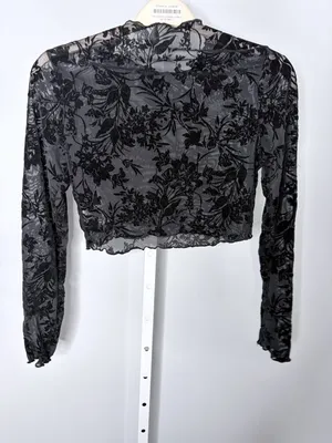 Black Floral Burnout Mesh Crop Top Sheer Long Sleeve Whimsigoth Y2K XL thumbnail 3