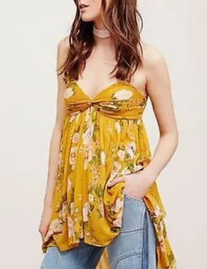 Free People Baby Doll Hi-Low Floral Tunic Boho Mustard Gold Yellow Small thumbnail 1