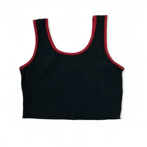 Y2K‎ Black Ribbed Crop Tank Top Red Trim Embroidered Mushroom Women's Size M thumbnail 2