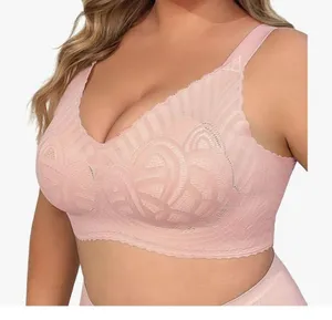 Pink Lace bra no Underwire Full coverage Bralette Padded Bra size Large 32D-34C thumbnail 2