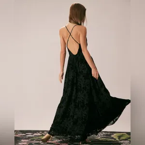 Rihoas Black Floral Flocked Mesh Slit Maxi Dress thumbnail 6