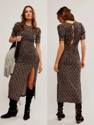NWT Free People Briella Ruched Black‎ Purple Floral Combo Mesh Boho Midi Dress thumbnail 2