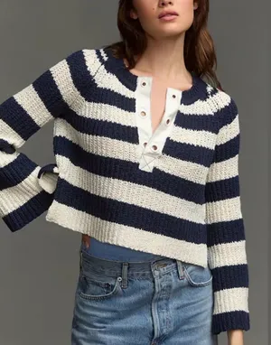 Anthropologie Pilcro Striped Henley Pullover Sweatshirt Women’s S Oversized thumbnail 1