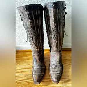 Corral Distressed Brown Crystal Cross Stripes and Studs Tall Boot Size 7M thumbnail 2