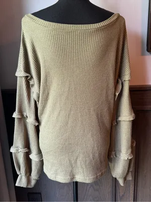 BTFBM Ruffled Sleeve V-Neck Knit Top — Olive large thumbnail 4