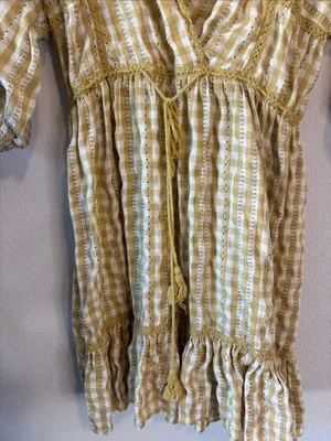 Max Studio Mustard Yellow Gingham V-Neck Tiered Dress with drawstring waist S thumbnail 3