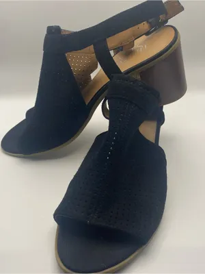 Franco Sarto black suede leather perforated peep toe block heel sandals 9.5 thumbnail 6