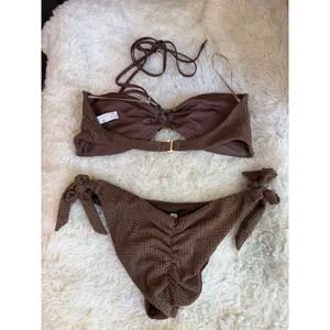 Fiory Beach & Street Brown Crochet Knit Bikini Set Bandeau Top Side Tie Bottom L thumbnail 6