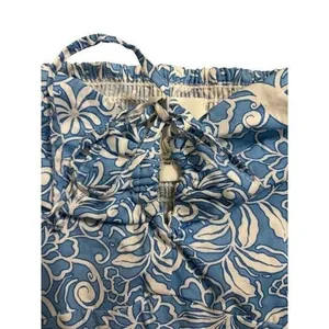 Japna Blue‎ White Floral Smocked Square Neck Crop Top Puff Sleeve Tie Front Sz M thumbnail 6