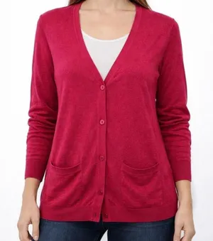 Talbots Women's Size Medium Cardigan Sweater V-Neck Pockets Deep Red Merino Wool thumbnail 1