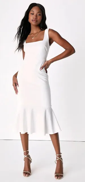 Lulus Moment Maker White Square Neck Trumpet Midi Dress Banquet Extra Small thumbnail 1