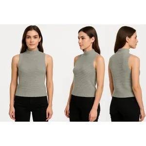 Miou Muse Top‎ Womens Size Medium Grey Sleeveless Mock Neck Ribbed Knit thumbnail 2