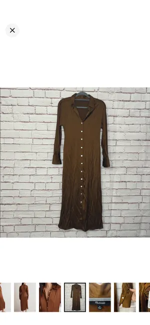 Madewell Satin Button-Front Midi Shirtdress in Cedar Like New Size 00. Satin smooth. Beautiful buttons down the front. No stretch. 50” long 14” bust From the website: Coming in a shiny satin woven with eco-friendly Lenzing™ Ecovero™ viscose fibers, this pretty midi is our modern take on the retro shirtdress. Featuring a point collar, long sleeves and buttons all down the front, it's perfect to pair with tall boots. Body-skimming fit. Length from high point of shoulder: 52" (based on size 6). 57% polyester/43% Lenzing™ Ecovero™ viscose. Do Well: Made of Lenzing™ Ecovero™, a sustainable fabric created with natural fibers and a more eco-friendly process. Machine wash. Imported. Item NO175 thumbnail 5