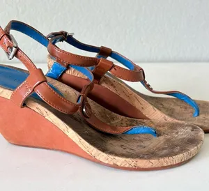 Lauren Ralph Lauren Flip Flops Ankle Strap Cork Wedge Sandals Womens Size 6 Blue thumbnail 1