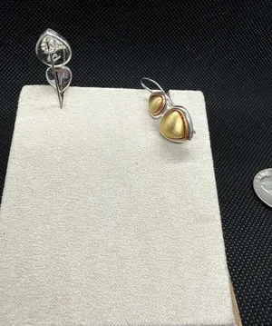 Vintage Silver Two-Tone Heart Dangle Earrings with Gold Tone Accents thumbnail 1