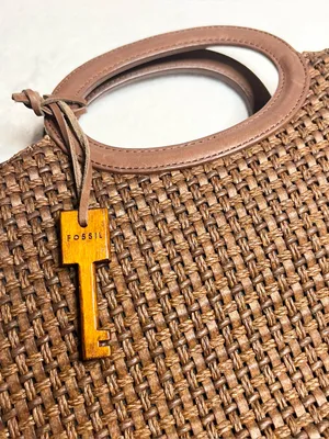 Vintage Fossil Brown Woven Tote Bag with Leather Trim & Logo Key Charm thumbnail 2