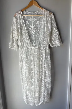 Floral Sheer Lace Cottagecore Tie Front Kimono Duster Cotton Blend thumbnail 1