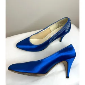 Vintage Nouveau 90s Royal Blue Satin Beaded Pumps Sz 7 thumbnail 6