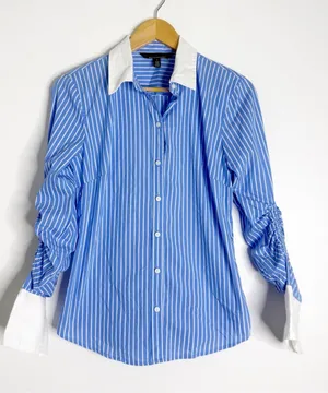 White House Black Market Striped Button Up Blouse Size 4 Ruched Sleeve thumbnail 1