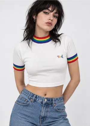 UNIF Rainbow Trim Cropped Tee Women’s Small White Embroidered Logo Y2K Festival thumbnail 1