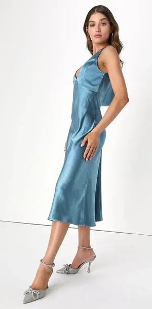 NEW Lulus Incredible Love Slate Blue Satin Cowl Back Midi Slip Dress Formal M thumbnail 1