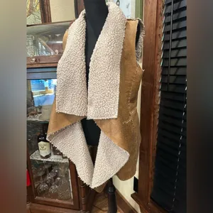 Forever 21 Faux Sherpa Long Vest Brown and White Large thumbnail 2
