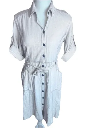 Ambiance Apparel Tan Linen Blend Shirt Dress sz S belted safari utility thumbnail 1