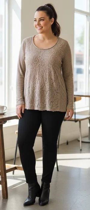 Cato Women’s Brown Long Sleeve Lace Design Top thumbnail 1