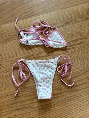 Frankie's Bikinis White Swim Top & Bottom with Pink Gingham Trim thumbnail 3