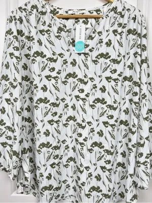 Monday Fun Kinny Split Neck Smocked Shoulder Blouse Green Size 2X thumbnail 2