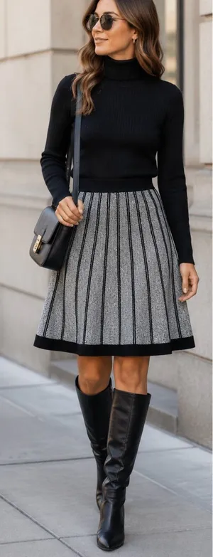ALC Frank 💥Black Gray Marled Knit A-Line Flare Knit Skirt Pull-On Stretch Size S💛 thumbnail 1