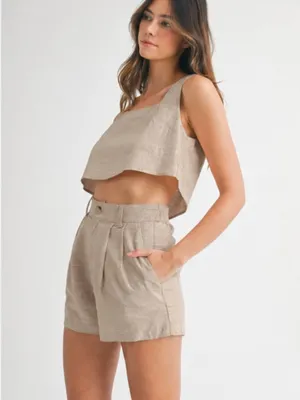 MABLE 2 Piece Matching Set - Sleeveless Crop Square Neck Tank Top & Shorts Tan L thumbnail 2