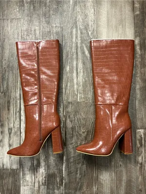 Nasty Gal Croc-Embossed Knee Boots - Chestnut Brown Size 6 thumbnail 2
