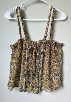 Anthropologie Floral Lace Trim Tank Top Yellow Brown Size 2 thumbnail 1