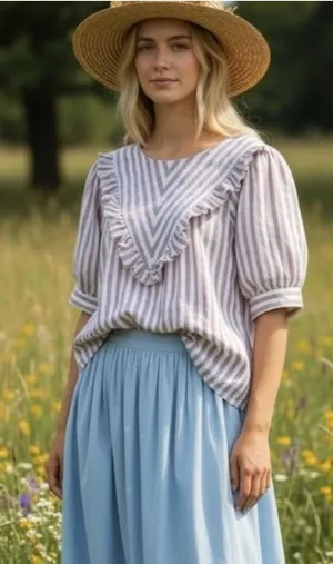 Downeast Brighton Linen‎ Blend Striped Ruffle Blouse Women's Size M Cottagecore thumbnail 1