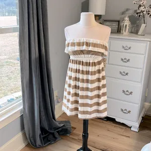 Forever 21 Strapless Oatmeal Taupe Striped Mini Dress Knit Beach Coverup Womens Small thumbnail 11