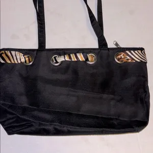 Black Nylon Tote/Shoulder Bag Tie Interwoven Thru Bag 3 Compartments One Zipper thumbnail 5