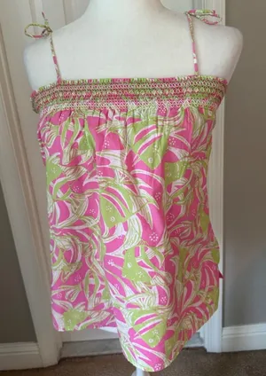 Lilly Pulitzer PINK GREEN FISH PRINT CAPRICE SMOCKED TIE TOP thumbnail 1