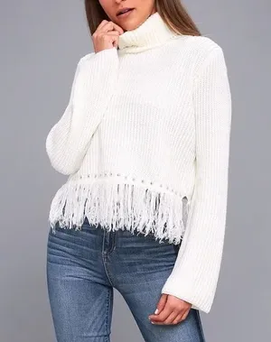 Lulus Freethinker Cream Fringe Cropped Sweater thumbnail 1