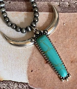 New Blue and Silver Longhorn Pendant on 18” Beaded Navajo Style Chain thumbnail 1