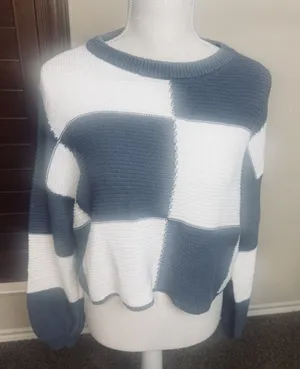 Moon & Madison Checked Crop Sweater Grey/White‎ womens M cotton blend thumbnail 1