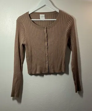 Pink Rose Ribbed Button-Front Long Sleeve Top Size Large thumbnail 1
