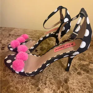 Betsey Johnson Polka Dot Heels with Pink Pom Poms thumbnail 3