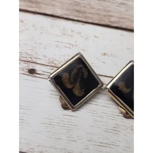 Vintage Clip On Earrings Diamond Shape Black with Dark Gold Pattern 7/8" thumbnail 2