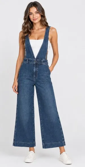 Free People Denim A-Line Overalls Cotton Blend Blue Wide Leg Size 0 thumbnail 1